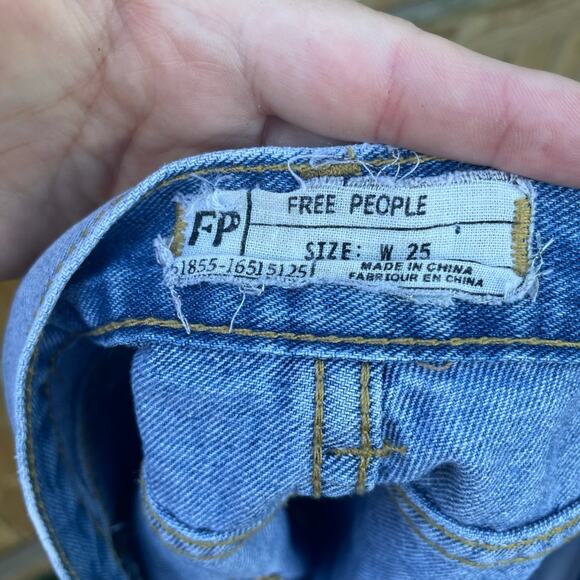 Free People light blue denim distressed lace trim high waist shorts - Picture 3 of 6